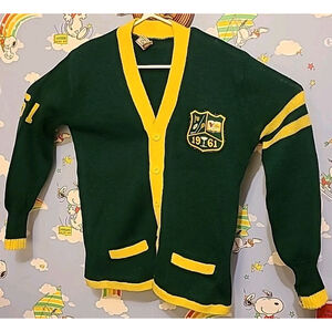 Vintage 60s 1961 School Cardigan Sweater Button Up Green Yellow Made In Canada